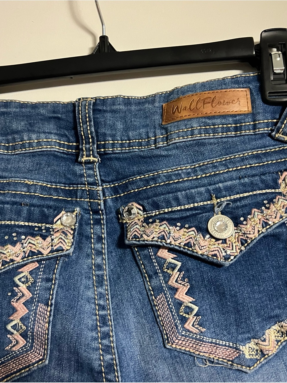 Wallflower Blue  Jeans with Pink & Cream Embroidery Accents